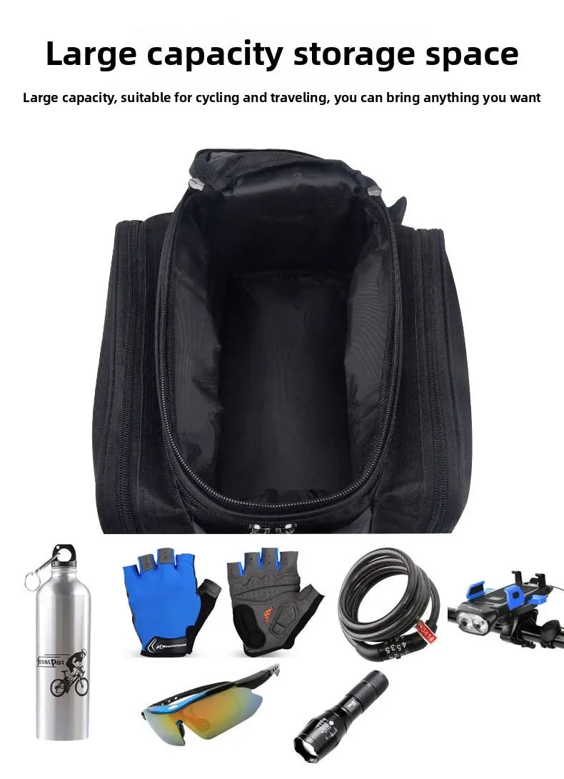 Riding equipment: Mountain bike, backpack, rear shelf bag, long-distance large capacity bike bag with rain cover