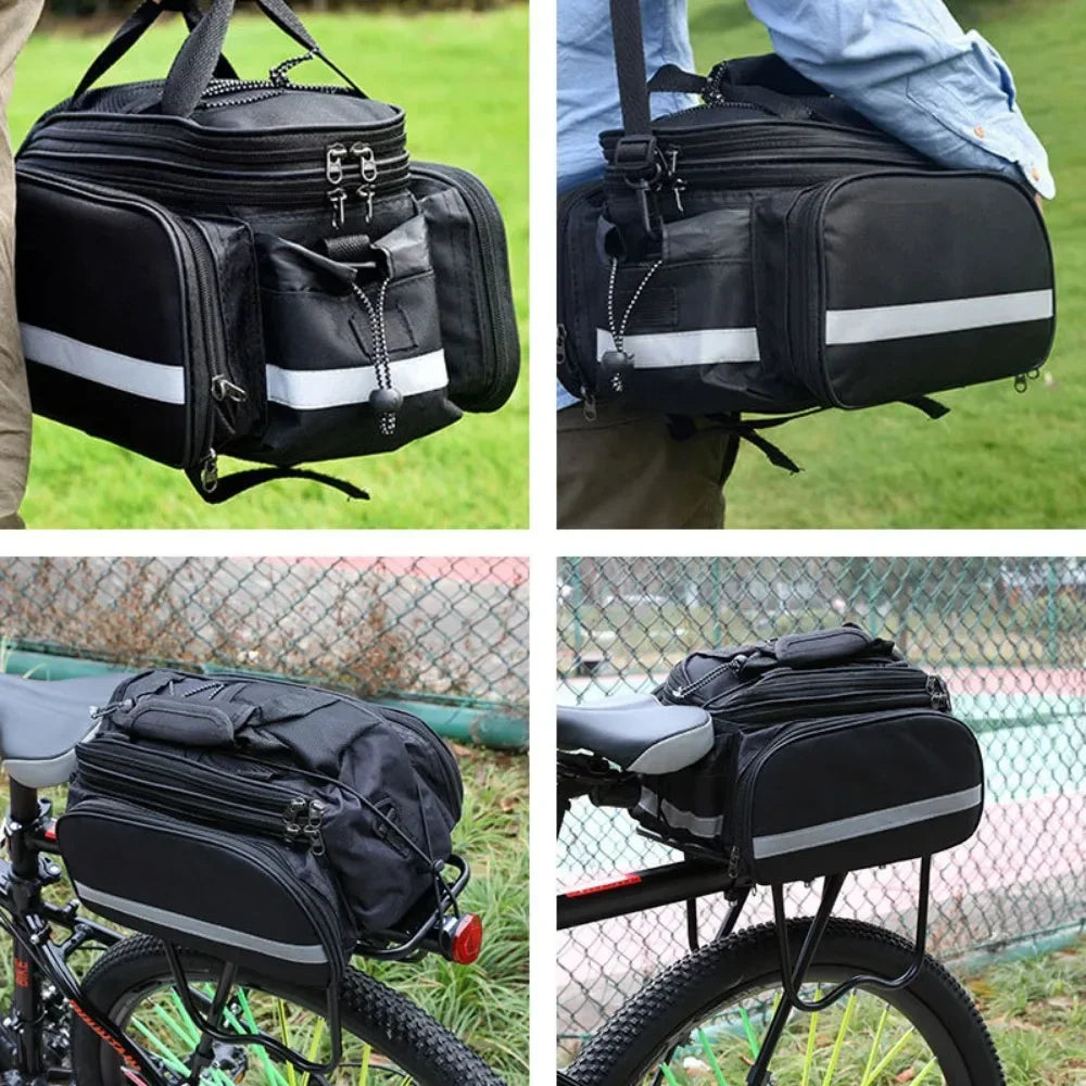 Riding equipment: Mountain bike, backpack, rear shelf bag, long-distance large capacity bike bag with rain cover