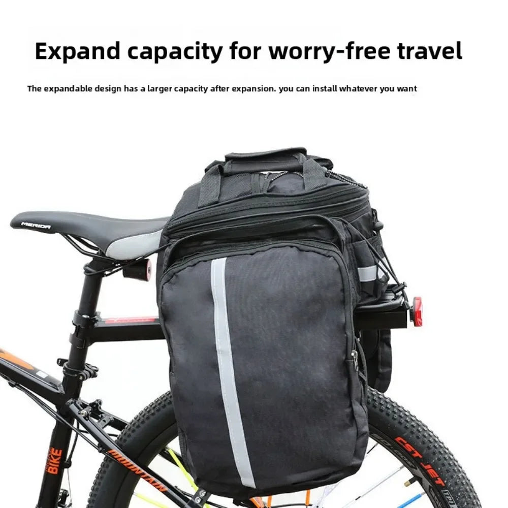 Riding equipment: Mountain bike, backpack, rear shelf bag, long-distance large capacity bike bag with rain cover