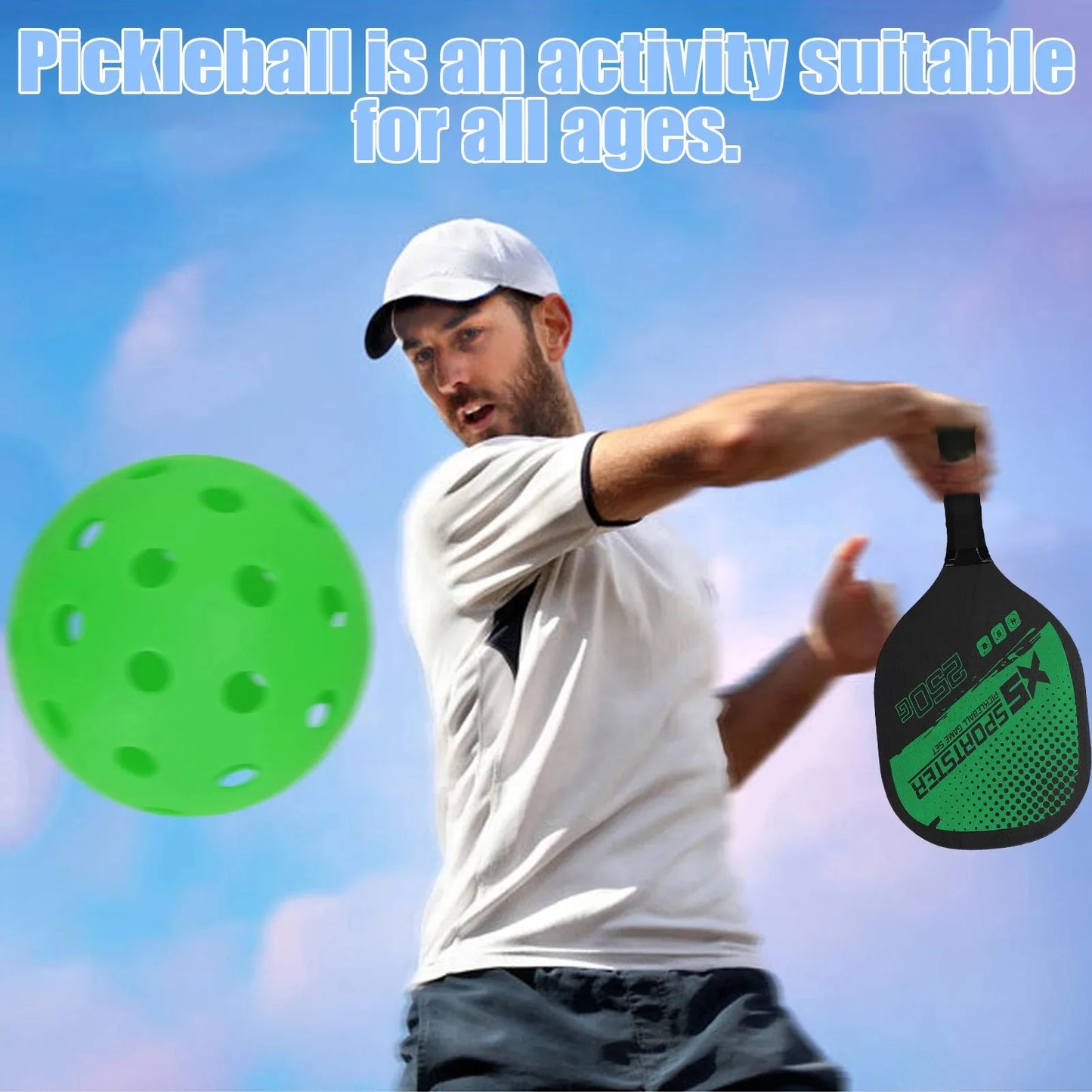 Pickleball Set of 2 Rackets & 4 Pickleballs Balls