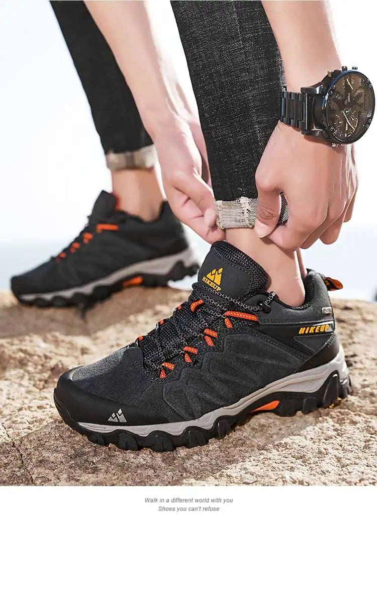 HIKEUP High Quality Leather Hiking Shoes Durable Outdoor Sport Men Trekking Leather Shoes Lace-Up Climbing Hunting Sneakers