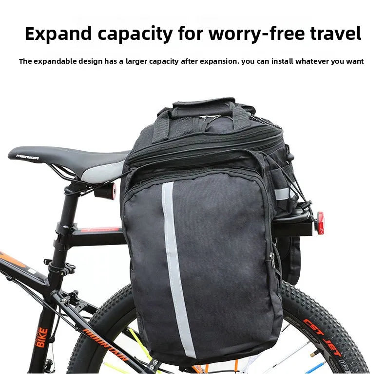 Riding equipment: Mountain bike, backpack, rear shelf bag, long-distance large capacity bike bag with rain cover