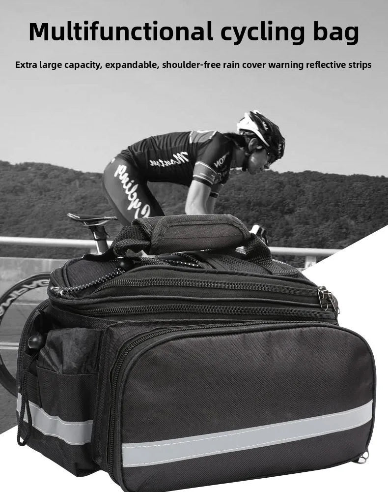 Riding equipment: Mountain bike, backpack, rear shelf bag, long-distance large capacity bike bag with rain cover